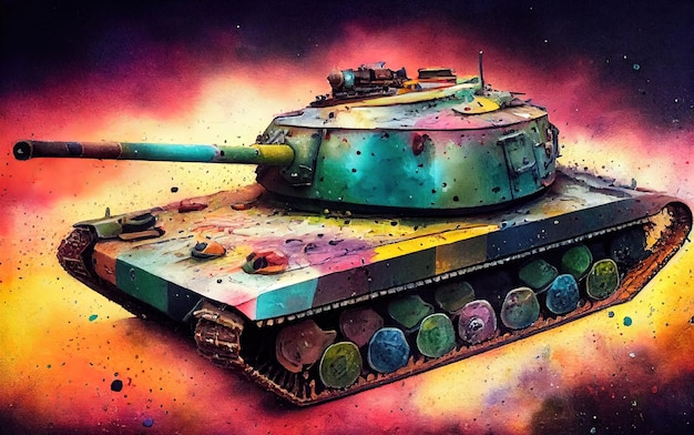Der Panzer befindet sich im Kampf und schießt auf den feindlichen Weltkrieg Riesige Illustrationsmalerei im digitalen Kunststil des Panzers