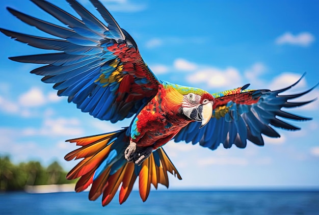 Der Papagei fliegt im Stil lebendiger Farbkombinationen über den Strand und das Wasser