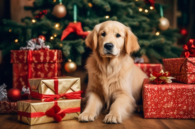 Der pelzige Helfer des Weihnachtsmanns, ein Golden Retriever mit Geschenken