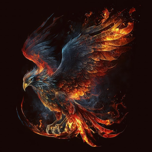 Der Phönixvogel erhebt sich aus dem Feuer Wiedergeburt Fantasy Symbol des ewigen Lebens Fabelwesen Legenden hochauflösende Illustrationen Kunst AI