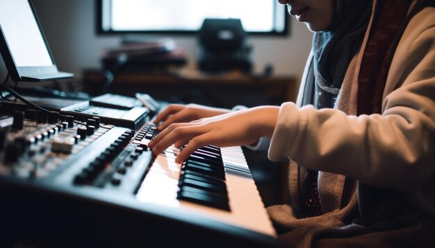 Der Pianist, ein Kind, übt konzentriert drinnen und spielt kreativ, erzeugt durch KI