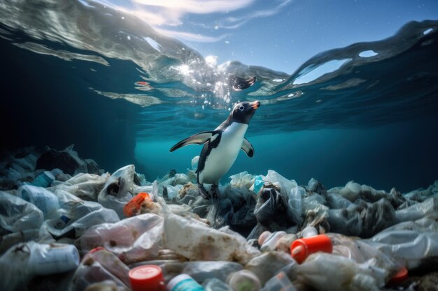 Foto der pinguin schwimmt unter wasser, schwimmt zwischen den müll, der im wasser schwebt, plastiktüten.