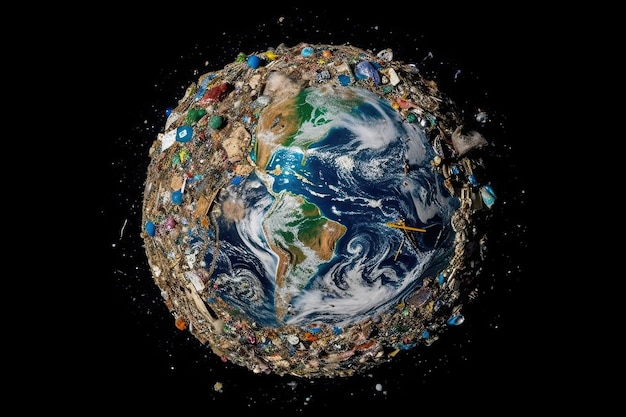 Der Planet Erde ist vom Weltraum aus gesehen mit Müll bedeckt, ein Konzept übermäßiger Umweltverschmutzung. Generative KI