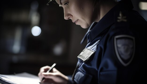 Foto der polizeibeamte konzentriert sich auf dokumente, die das von ki generierte fachwissen anzeigen