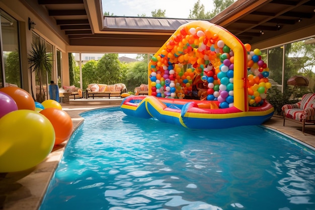 Der Pool ist mit bunten Bällen gefüllt und der Pool ist mit Wasser gefüllt und der Pool ist mit bunten Bällen gefüllt.