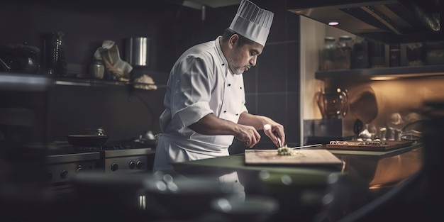 Der professionelle Koch bereitet eine Mahlzeit in der Küche zu und konzentriert sich auf die geringe Schärfentiefe einer Person