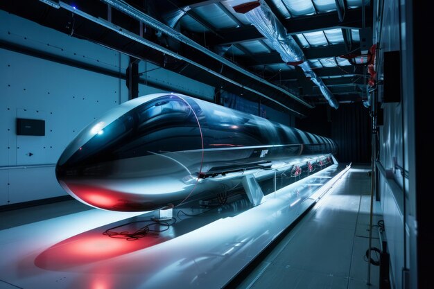 Foto der prototyp des hyperloop-transportsystems glänzt unter einer starken futuristischen beleuchtung