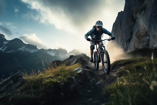 der Radfahrer fährt ein Mountainbike auf dem schwierigen Gelände