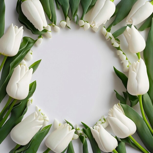 Der Rahmen ist ein Kreis aus weißen Tulpen auf einem leeren weißen Hintergrund mit Platz für Text