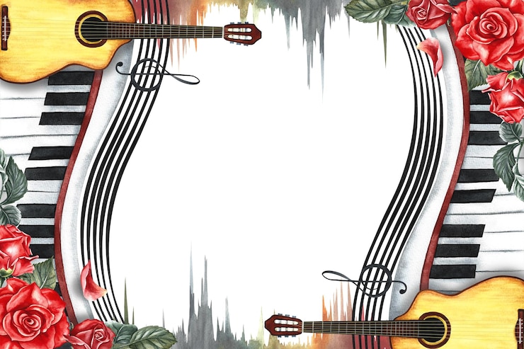 Foto der rahmen ist musikalisch mit gitarren, klaviertasten, rosen, die aquarell-illustration ist handgezeichnet.