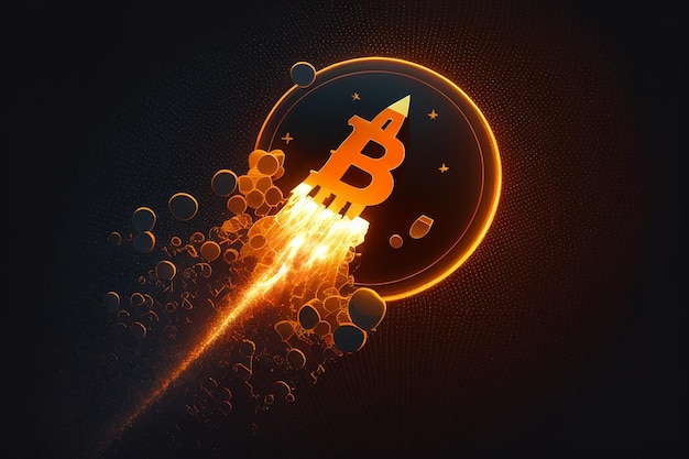 Der Raketenwerfer im Bitcoin-Logo stellt den Anstieg des Kryptowährungspreises dar, der zur mondgenerativen KI geht