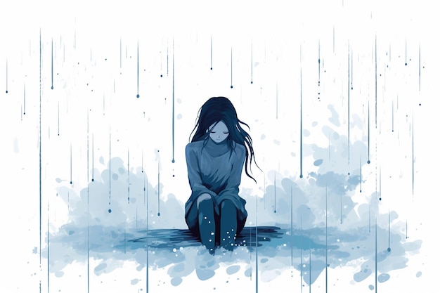Der Regen der Verwüstung, der die Trauer der Jugendlichen und die Isolation in der Illustration darstellt
