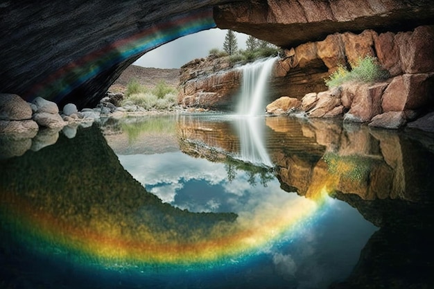 Der Regenbogen spiegelt sich im kristallklaren Wasser der Wasserfälle