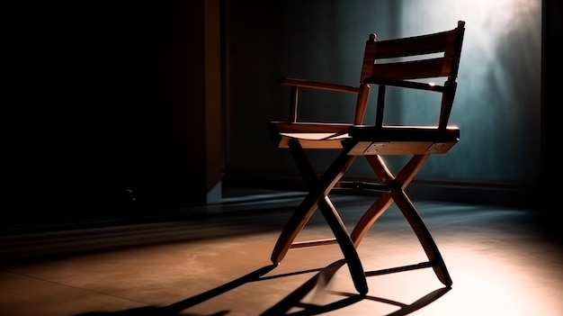 Der Regiestuhl steht in einem Lichtstrahl mit einem hintergrundbeleuchtungsfreien Stuhl. Konzept der Auswahl und des Werfens von Schatten und Licht. Generative KI