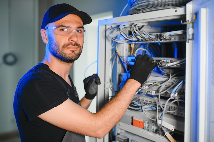 Foto der reparaturmann ist beschäftigt und arbeitet mit internetgeräten und kabeln im serverraum
