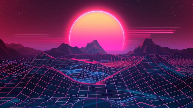 Der Retro-Synth-Hintergrund zeigt Gitterberge, neonrosa Sonnenuntergänge und abstrakte geometrische Hügel mit Sonne.