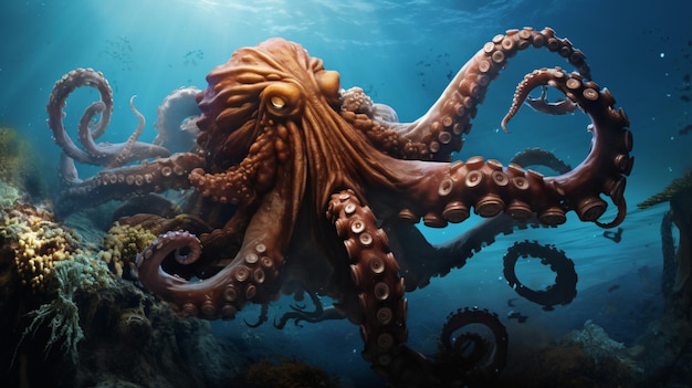 Der riesige Oktopus schmeißt Wasser mit Gewalt aus, um zu schwimmen