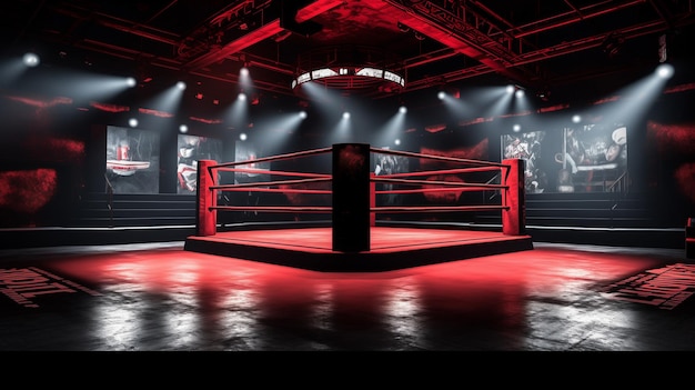 Foto der ring der intensität schlägt eine sportarena mit einem roten glanz, der das podium des boxens beleuchtet