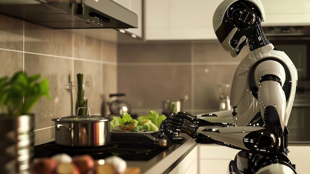 Der Roboter kocht in der Küche. KI-generiertes Bild