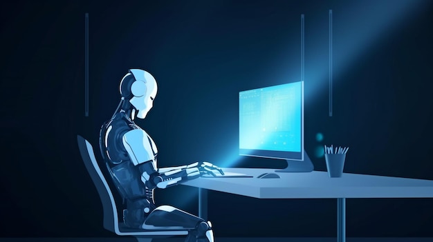 Der Roboter verwendet einen Laptop und generative KI