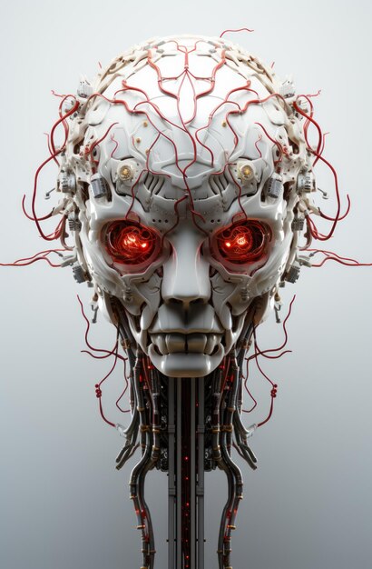 Der Roboterkopf mit Getrieben und roten Lichtern wird vom Gehirn angetrieben