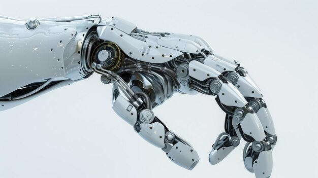 Der Robotikarm erscheint auf einem weißen Hintergrund, während eine mechanische Hand verwendet wird Industrierobotmanipulator Hightech-Industriegerät