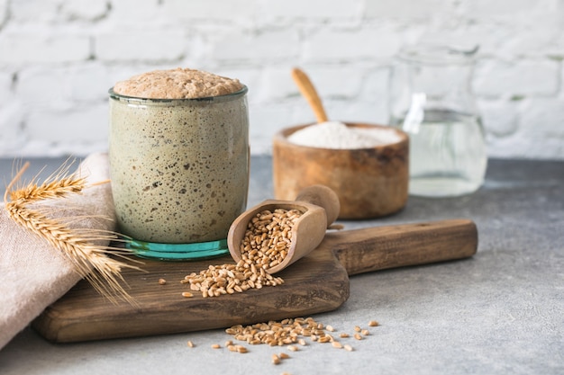 Der Roggensauerteig für Brot ist eine aktive Starter-Sauerteig-fermentierte Mischung aus Wasser und Mehl, die als Sauerteig für das Brotbacken verwendet wird. Das Konzept eines gesunden Würfels