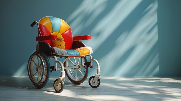 Der Rollstuhl mit Spielzeugzeichen mit verschiedenen Behinderungen auf blauem Hintergrund ist Teil des Internationalen Tages der Behinderten