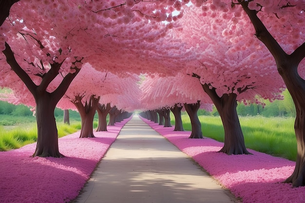 Der romantische Tunnel mit rosa Blumenbäumen