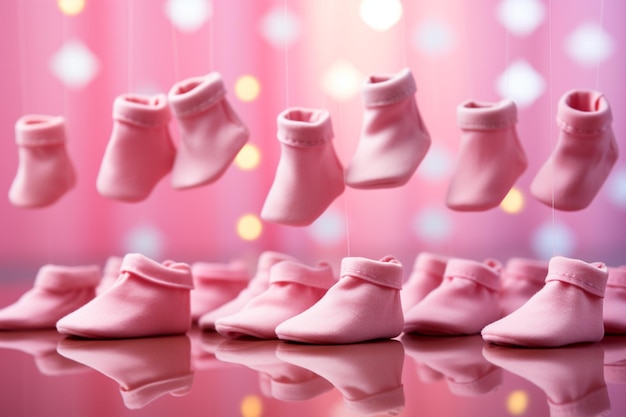 Der rosa Hintergrund beherbergt winzige Söckchen, die für personalisierte Nachrichten bereit sind und sich ideal für Babyfeste eignen