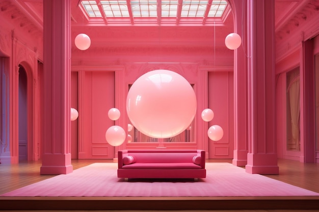 Der rosa Raum mit einer rosa kugelförmigen Kugel und sanfter Beleuchtung Generative Ai