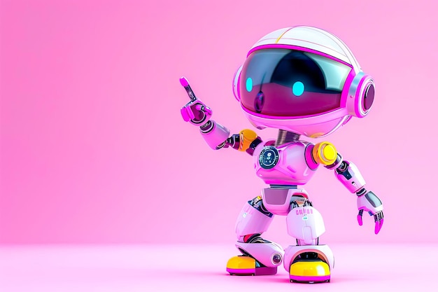 Der rosa Roboter zeigt auf etwas.