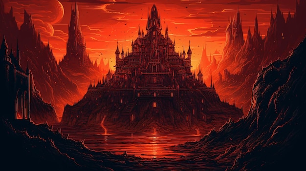Der rote Berg im Hintergrund ist eine dunkle Burg.