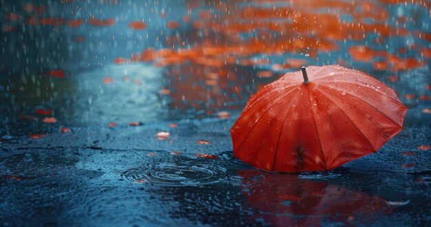 Der rote Regenschirm wird auf den Boden gelegt und von oben fällt heftiger Regen