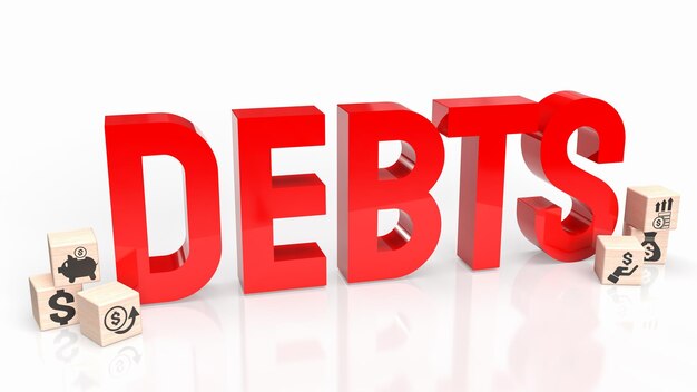 Der rote Schuldentext auf weißem Hintergrund 3D-Rendering