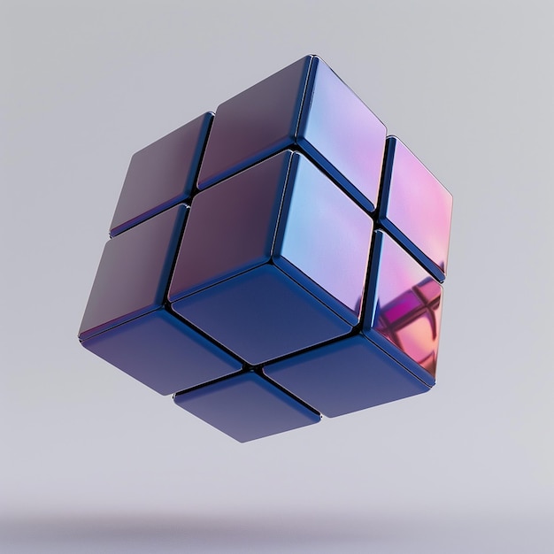 Der Rubiks-Würfel, der sauber und geordnet angeordnet ist, hat einen Gradienten aus blauen und lila Farben.