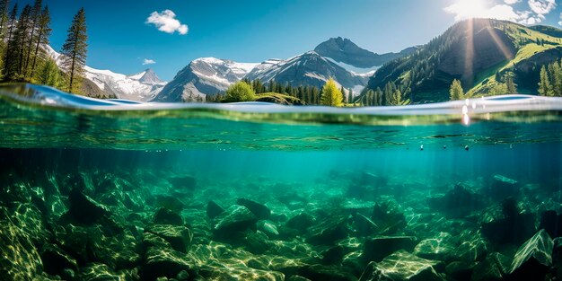 Der ruhige Bergsee Die Ruhe und Größe der Natur Aussicht vom Wasser