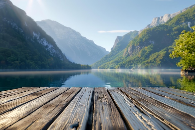 Foto der ruhige blick auf den see von wooden pier im lush mountain valley bei sunrise tranquil nature landscape