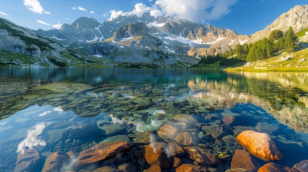 Der ruhige Crystal Clear Mountain Lake mit majestätischen schneebedeckten Gipfeln und grüner Waldlandschaft