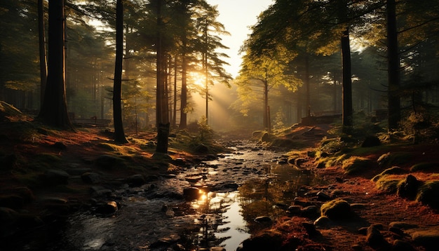 Der ruhige Herbstwald offenbart im Morgengrauen seine leuchtenden Farben, die durch künstliche Intelligenz erzeugt werden