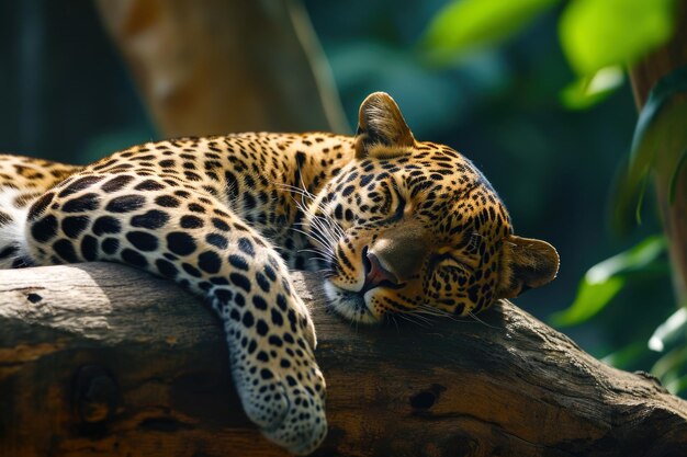 Der ruhige Leopard schläft auf einem Holzstamm in einem üppig grünen Umfeld