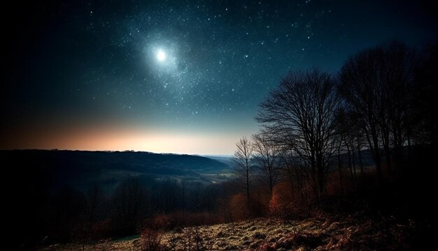Foto der ruhige nachthimmel beleuchtet die von ki generierte sternenspur über der silhouette einer bergkette