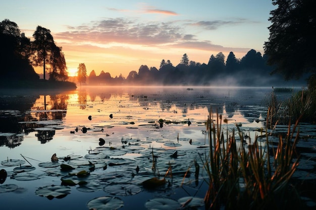 Der ruhige See mit dem Nebel, der aufsteigt