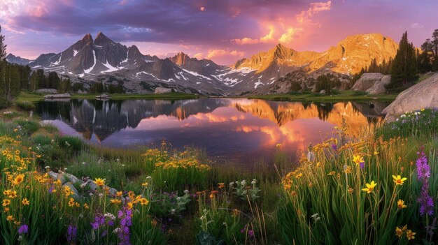 Foto der ruhige sonnenuntergang am see mit wildblumen und der reflexion des berges