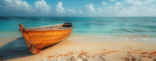 Foto der ruhige strand mit holzboot und klarem türkisfarbenem wasser im hintergrund