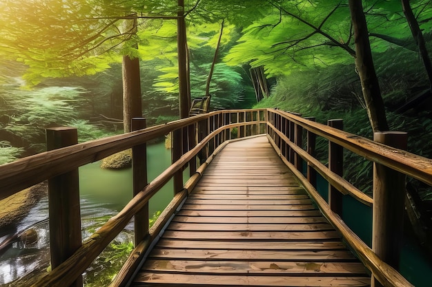 Der ruhige Waldweg, die ruhige Schönheit entlang der Holzbrücke