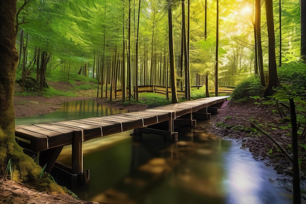 Der ruhige Waldweg, die ruhige Schönheit entlang der Holzbrücke