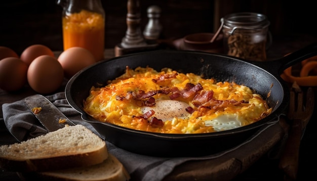 Der rustikale Tisch bildet die Bühne für einen von KI generierten Gourmet-Brunch