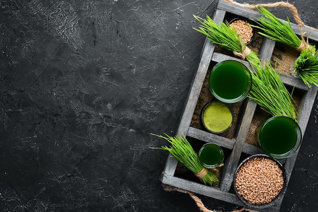 Der Saft aus dem grünen gekeimten Weizen und Weizenkörner auf schwarzem Hintergrund Micro Green Gesunde Ernährung Draufsicht Freier Platz für Ihren Text