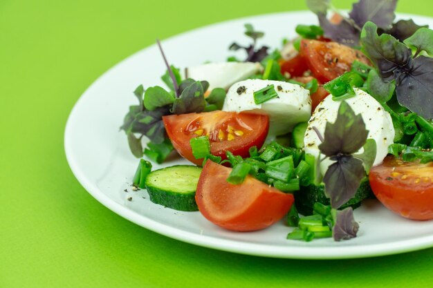 Der Salat mit Gurken, Tomaten und Mozzarella-Käse